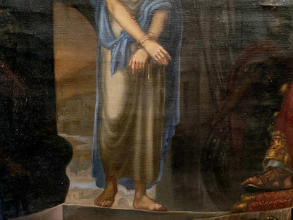 Oil painting of Christ and Pilate by Alexander Arkadievich Litvinov, woman in blue beige robe on stone steps