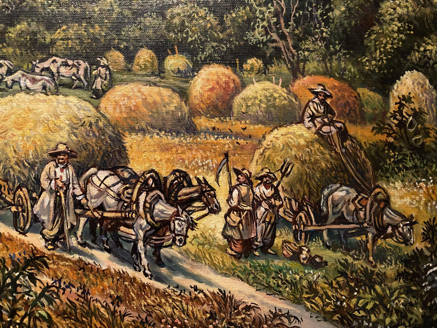 Rustic oil painting by Alexander Litvinov of harvest scene with oxen in golden fields