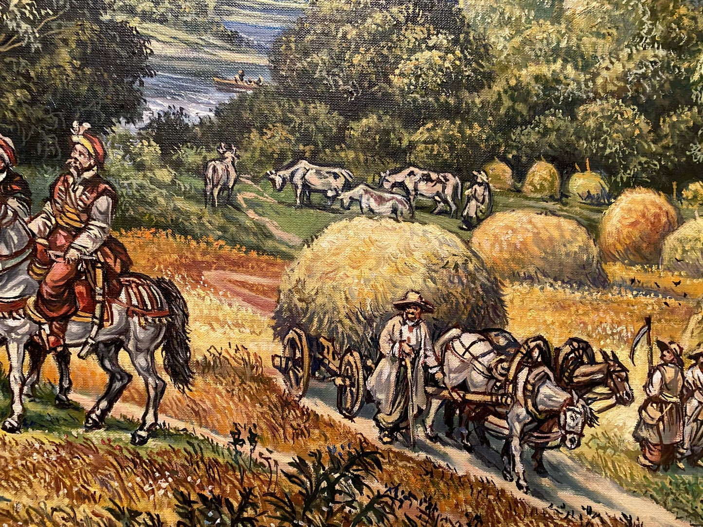 Oil painting by Alexander Litvinov: pastoral scene with hay bales, cows