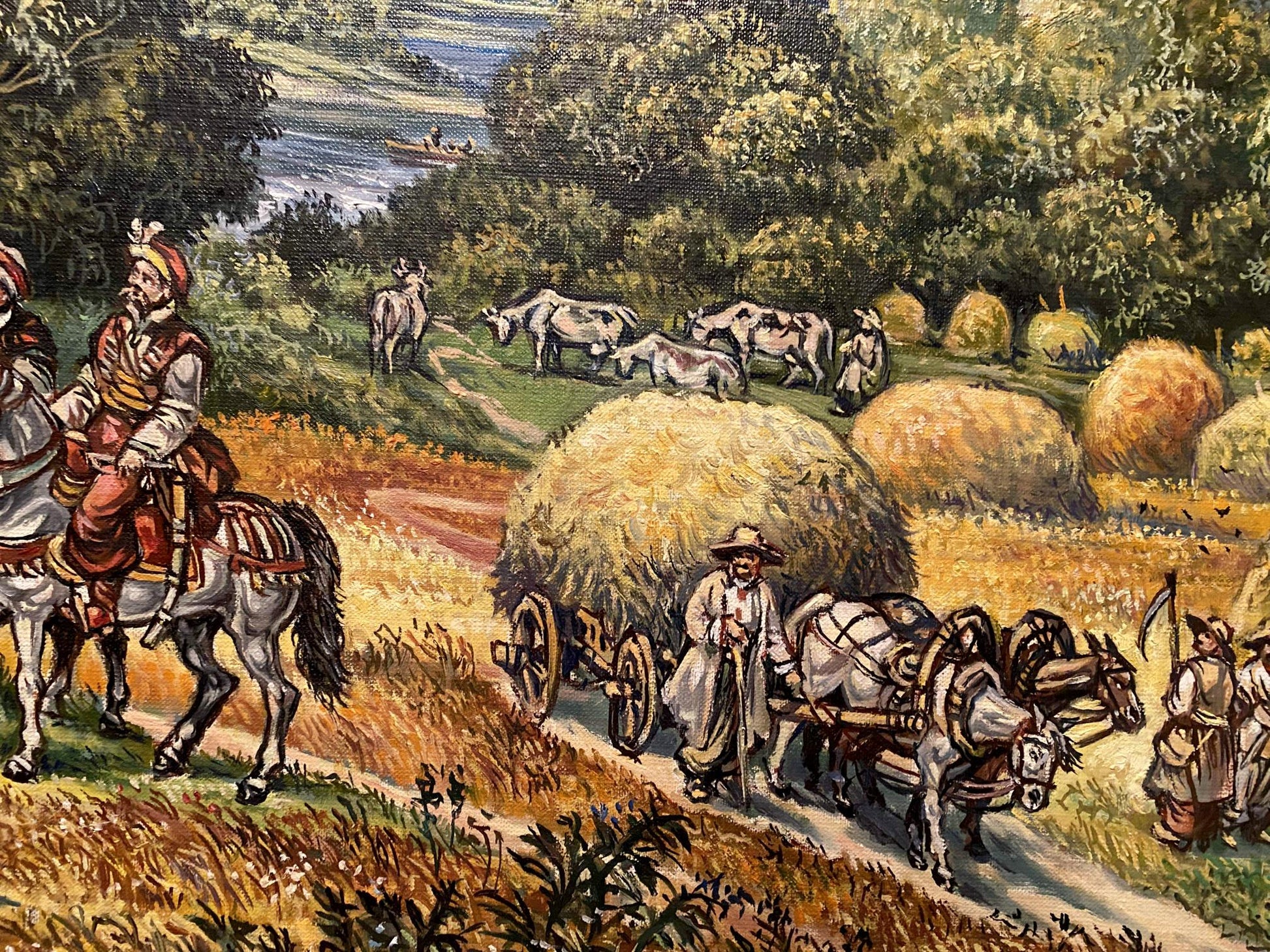 Oil painting by Alexander Litvinov: pastoral scene with hay bales, cows