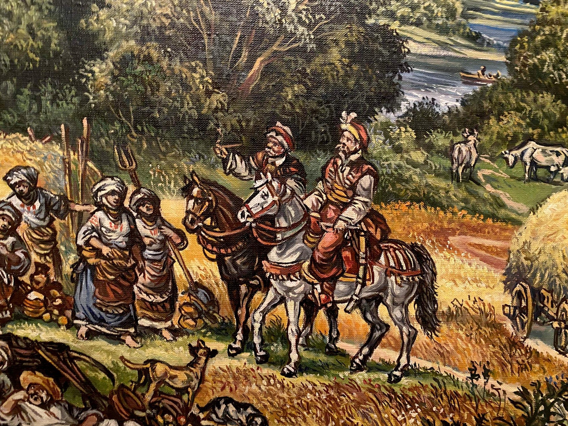 Oil painting by Alexander Litvinov: mounted figures in red gold riding through pastoral landscape