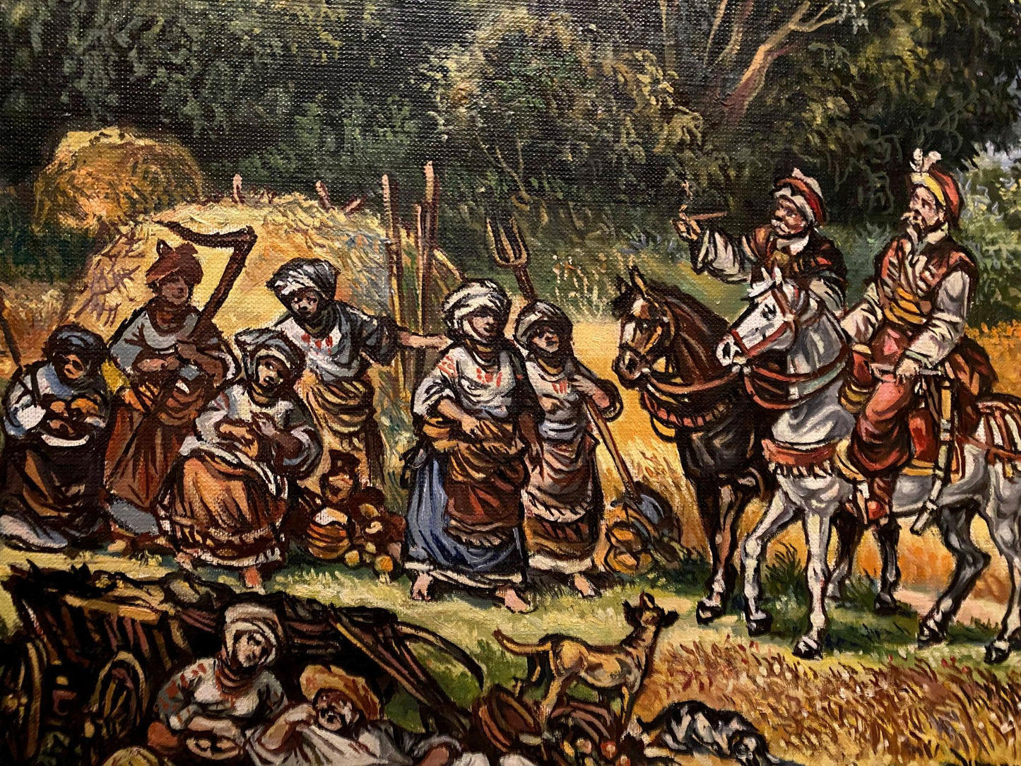 Oil painting by Alexander Litvinov: villagers around hay bales on horseback