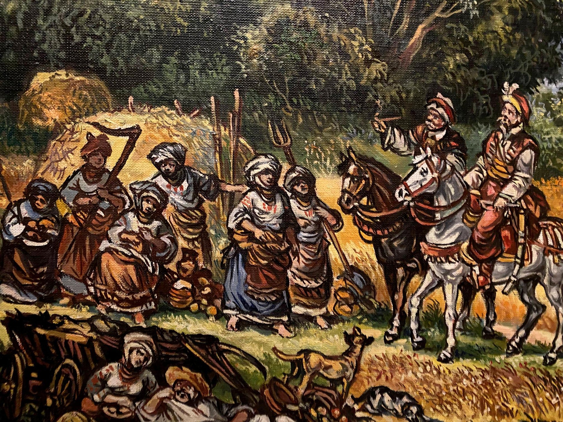Oil painting by Alexander Litvinov: villagers around hay bales on horseback