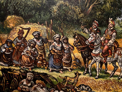 Oil painting by Alexander Litvinov: villagers around hay bales on horseback