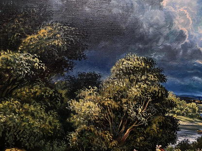Oil painting of dense forest canopy in greens and gold under stormy sky by Alexander Litvinov