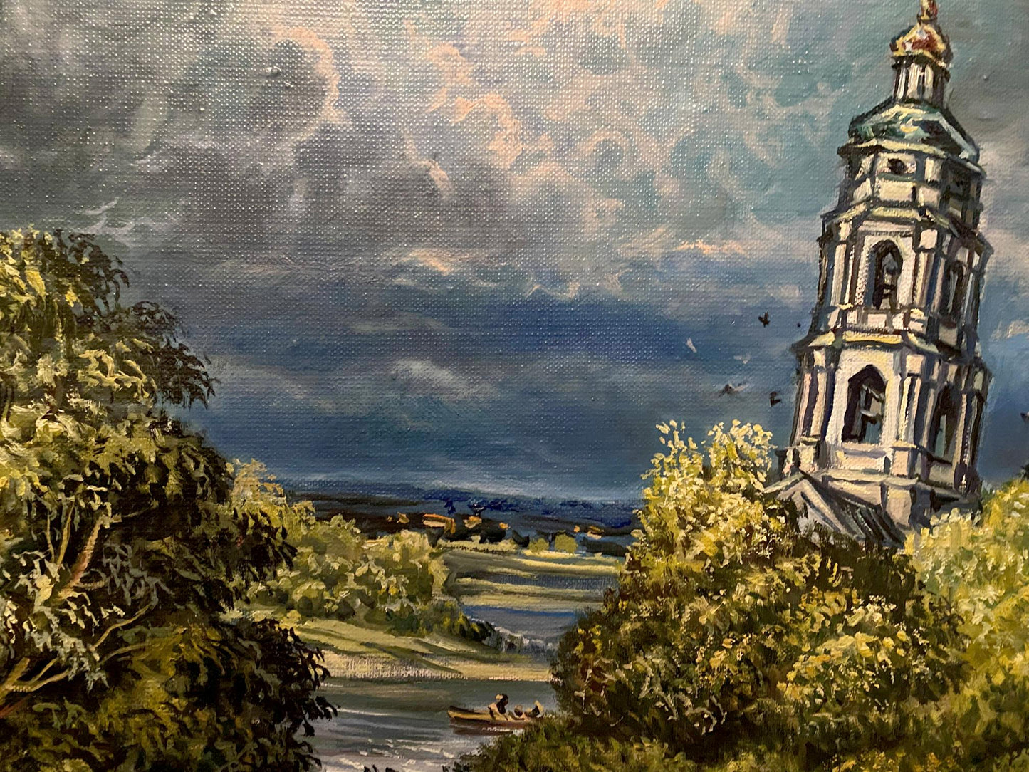 Oil painting by Alexander Litvinov: tall white bell tower with green dome amid lush foliage under dark cloudy sky