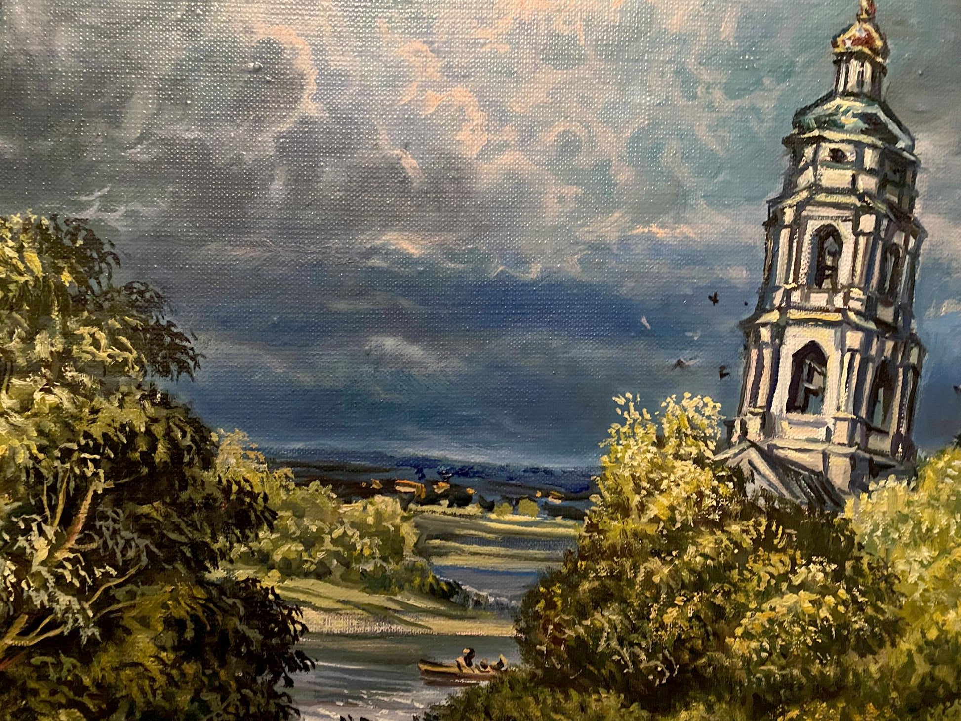 Oil painting by Alexander Litvinov: tall white bell tower with green dome amid lush foliage under dark cloudy sky