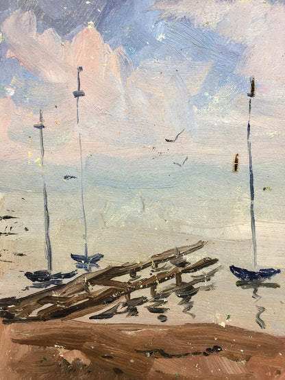 Oil painting Port Puzyr by Viktor Grigor’yevich: sailboats on calm water