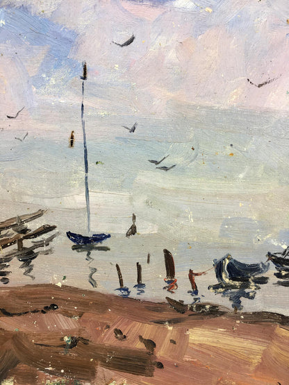 Impressionistic oil painting of blue sailboat by Puzyr’kov Viktor Grigor’yevich