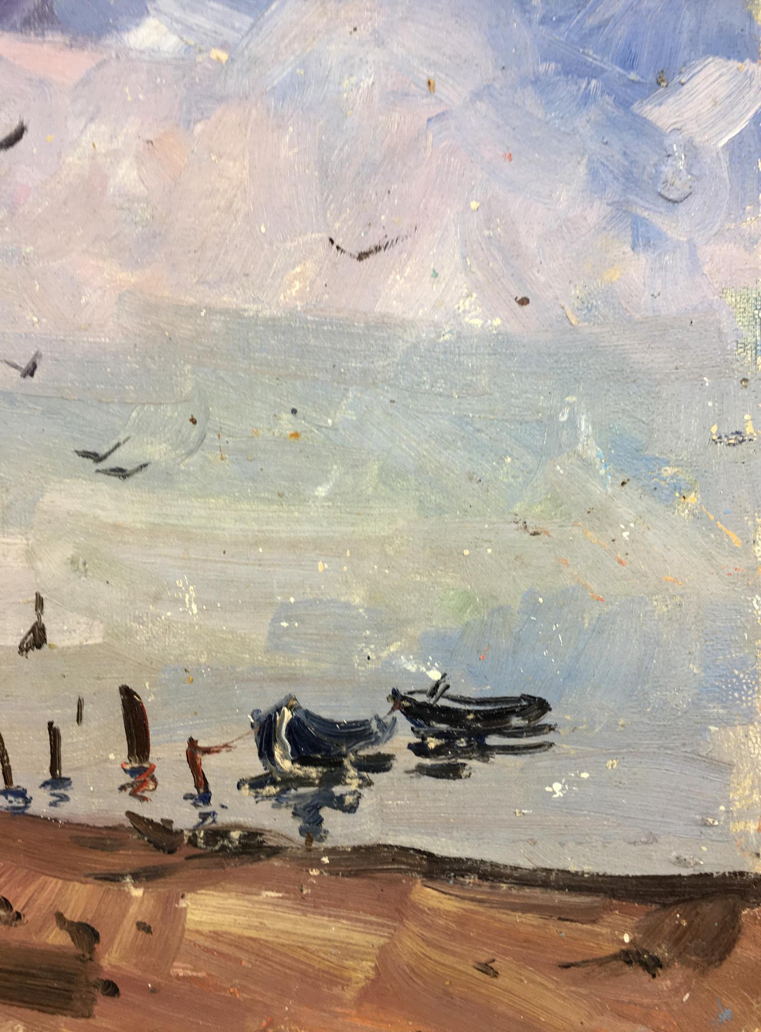 Oil painting Port Puzir by Viktor Grigorievich: boats on reflective shoreline