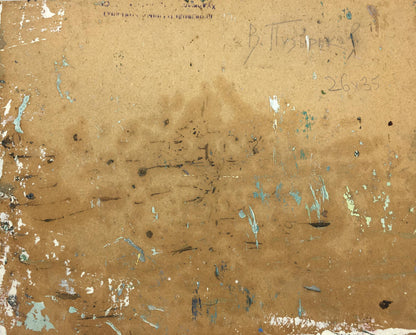 Back of textured beige canvas oil painting Port Puzyr’kov Viktor Grigor’yevich with paint splatters
