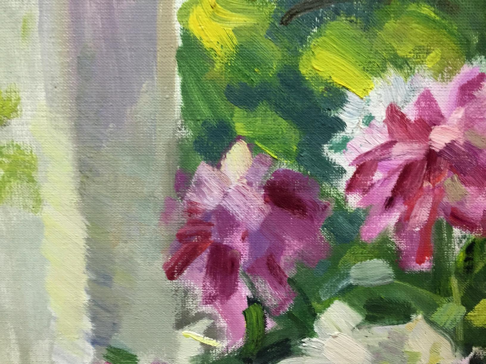 Oil painting of vibrant pink purple peonies by Kryzhanivskyi Viktor Vladimirovich