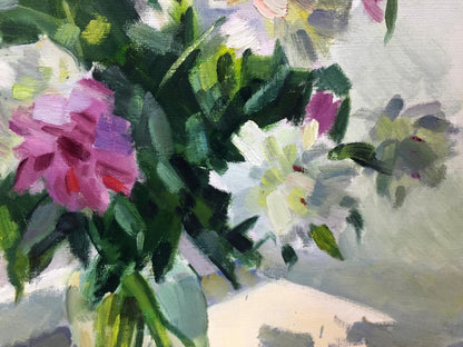 Oil painting of vibrant pink peonies by Kryzhanivskyi Viktor Vladimirovich in green vase