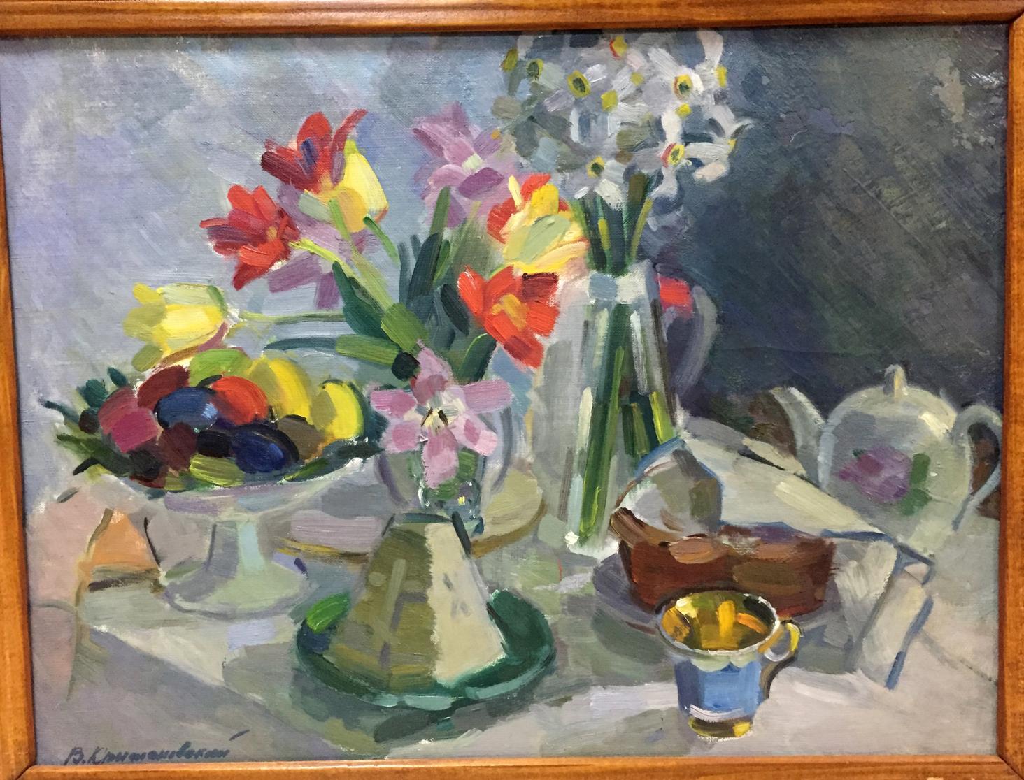 Oil painting Etude by Viktor Kryzhanivskyi with tulips, fruit bowl, teapot