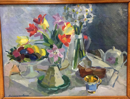 Oil painting Etude by Viktor Kryzhanivskyi with tulips, fruit bowl, teapot
