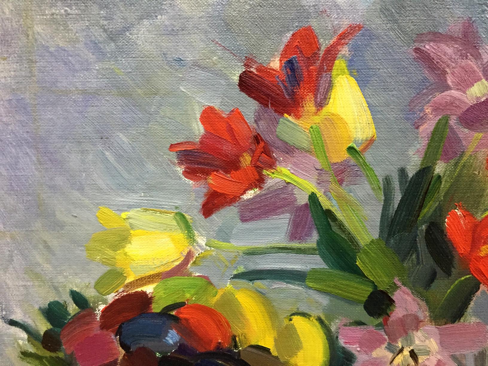 Oil painting Etude by Viktor Kryzhanivskyi: vibrant red, yellow tulips
