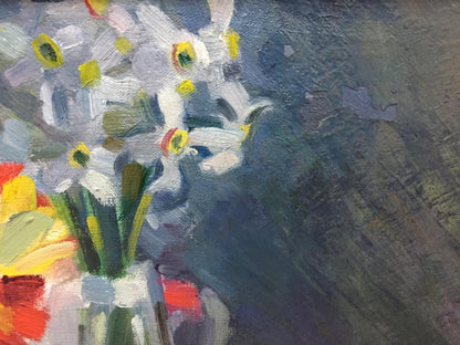Oil painting Etude by Viktor Kryzhanivskyi: white daffodils in vase