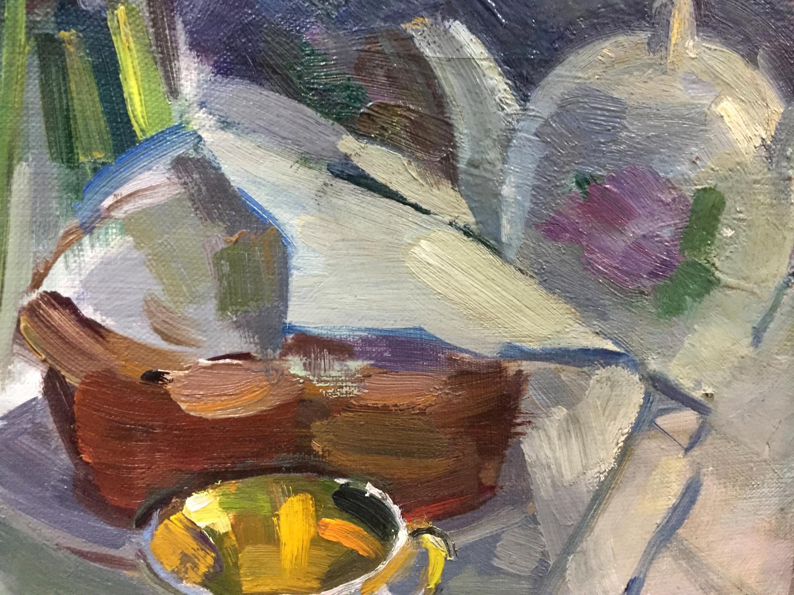 Oil painting Etude by Viktor Kryzhanivskyi: vibrant yellow ceramic teacup