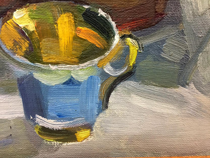 Oil painting etude by Viktor Kryzhanivskyi: blue teacup with yellow handle