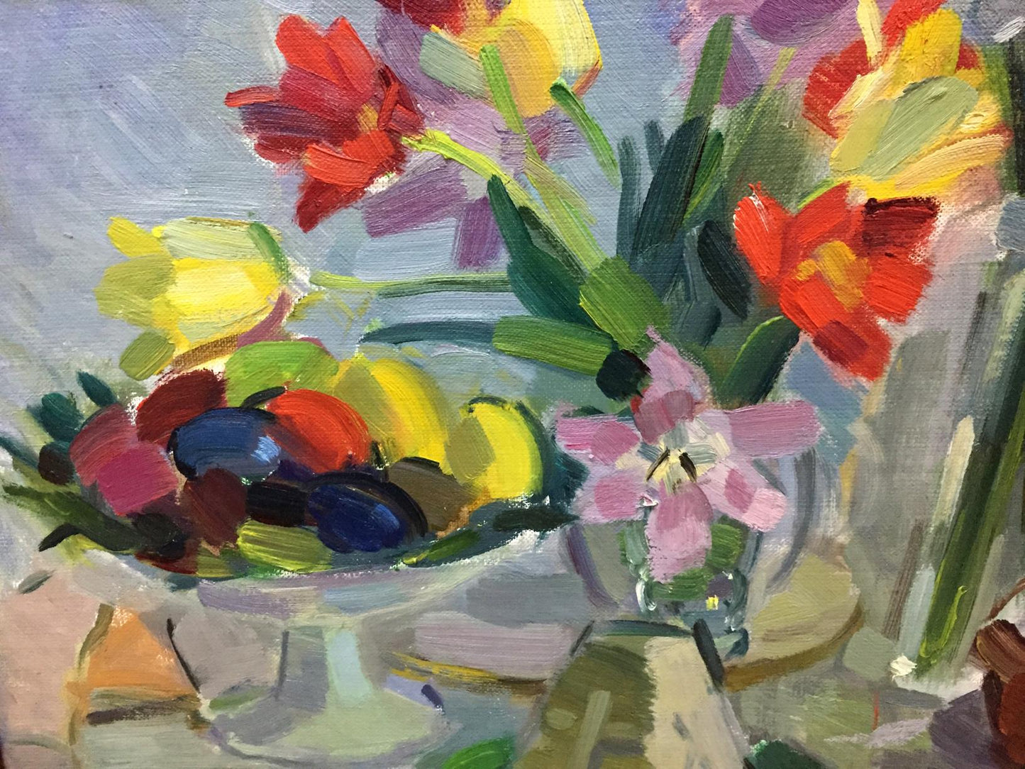 Oil painting Etude by Viktor Kryzhanivskyi: tulips, flowers, fruits