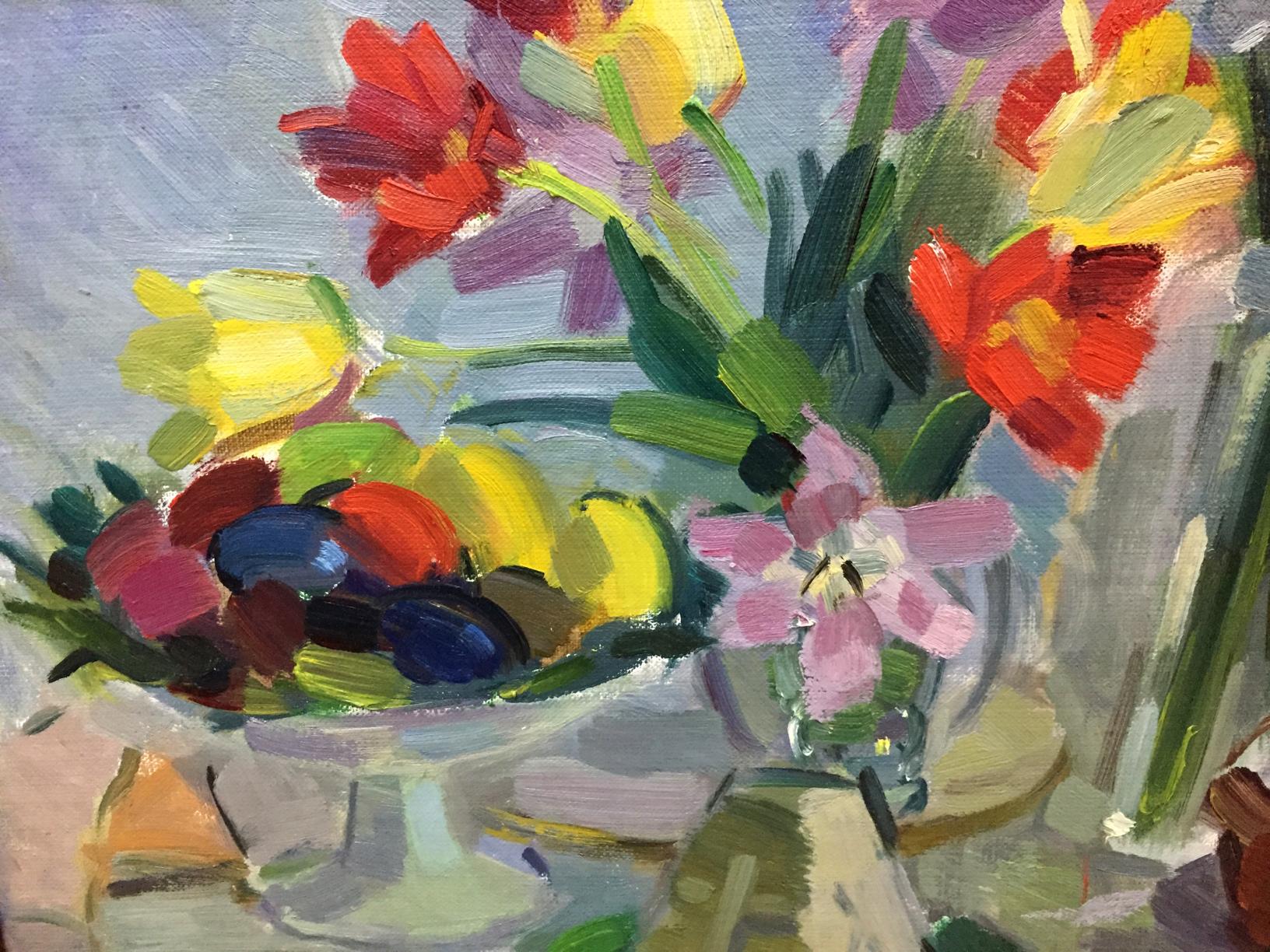 Oil painting Etude by Viktor Kryzhanivskyi: tulips, flowers, fruits