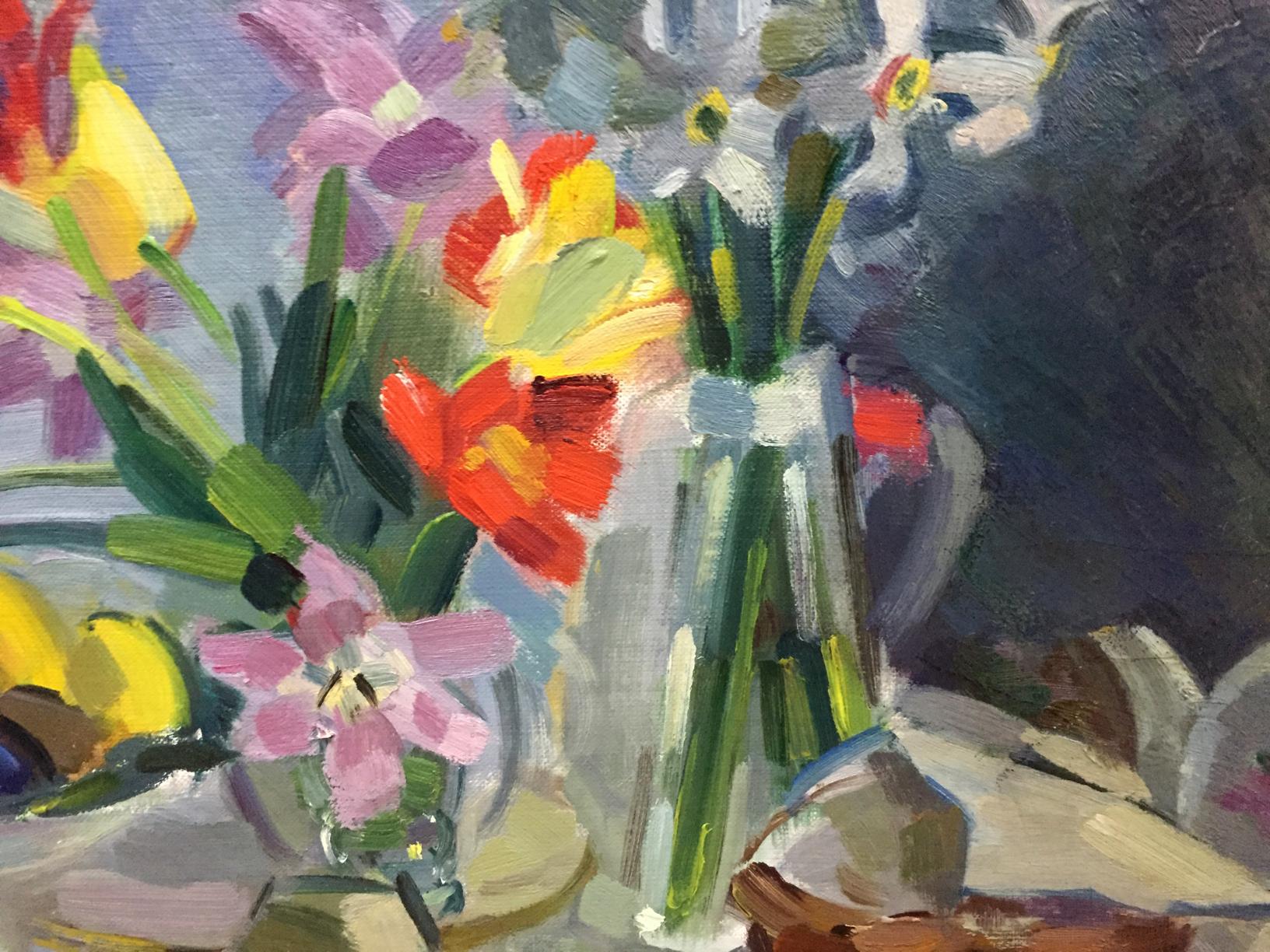 Oil painting Etude by Viktor Kryzhanivskyi of vibrant flowers in glass vase