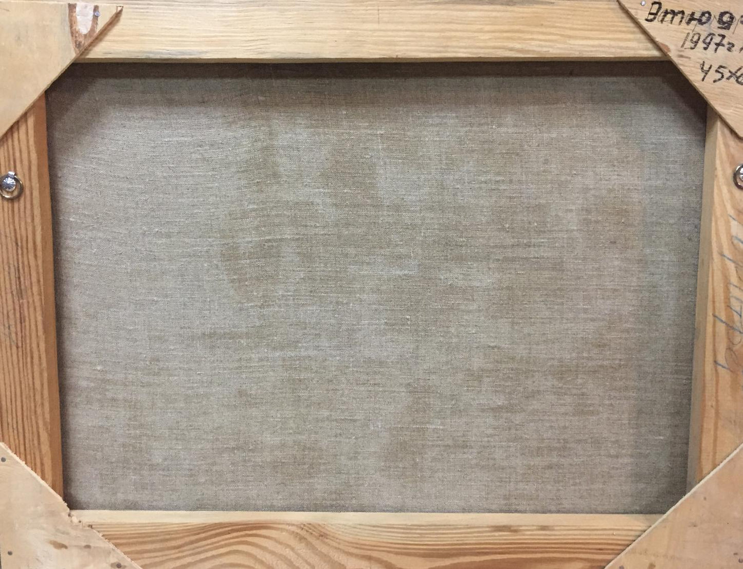 Back of Viktor Kryzhanivskyi Etude oil painting canvas with gray linen and screws