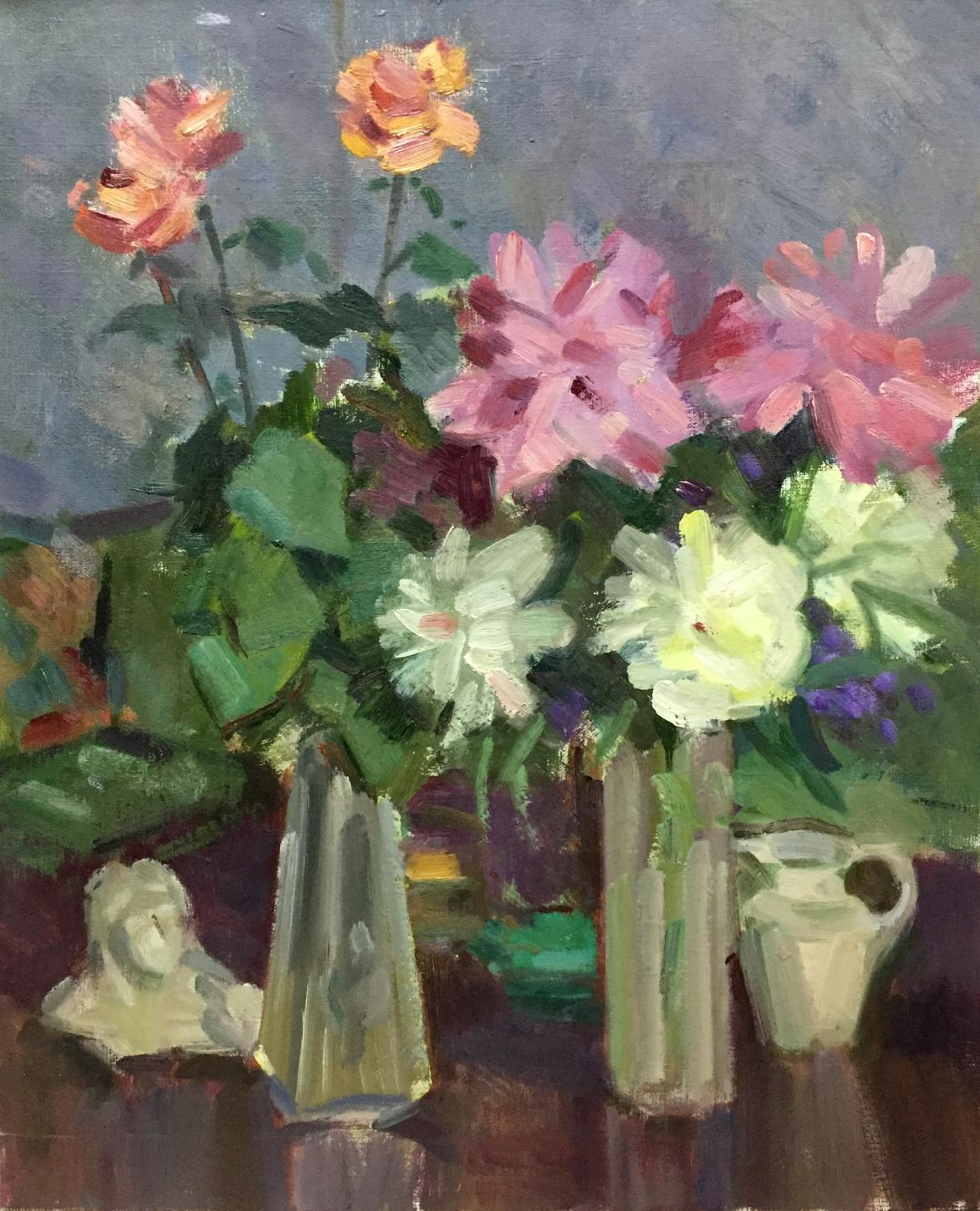 Oil painting of pink peach white peonies by Kryzhanivskyi Viktor Vladimirovich