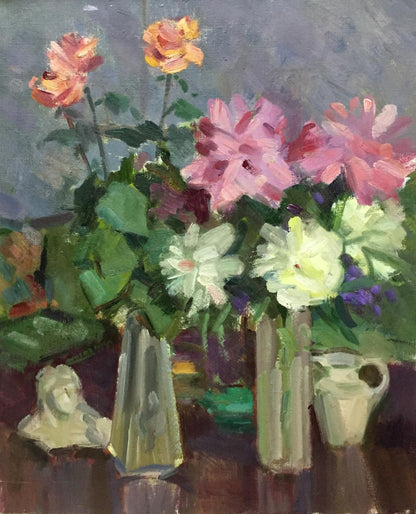 Oil painting of pink peach white peonies by Kryzhanivskyi Viktor Vladimirovich