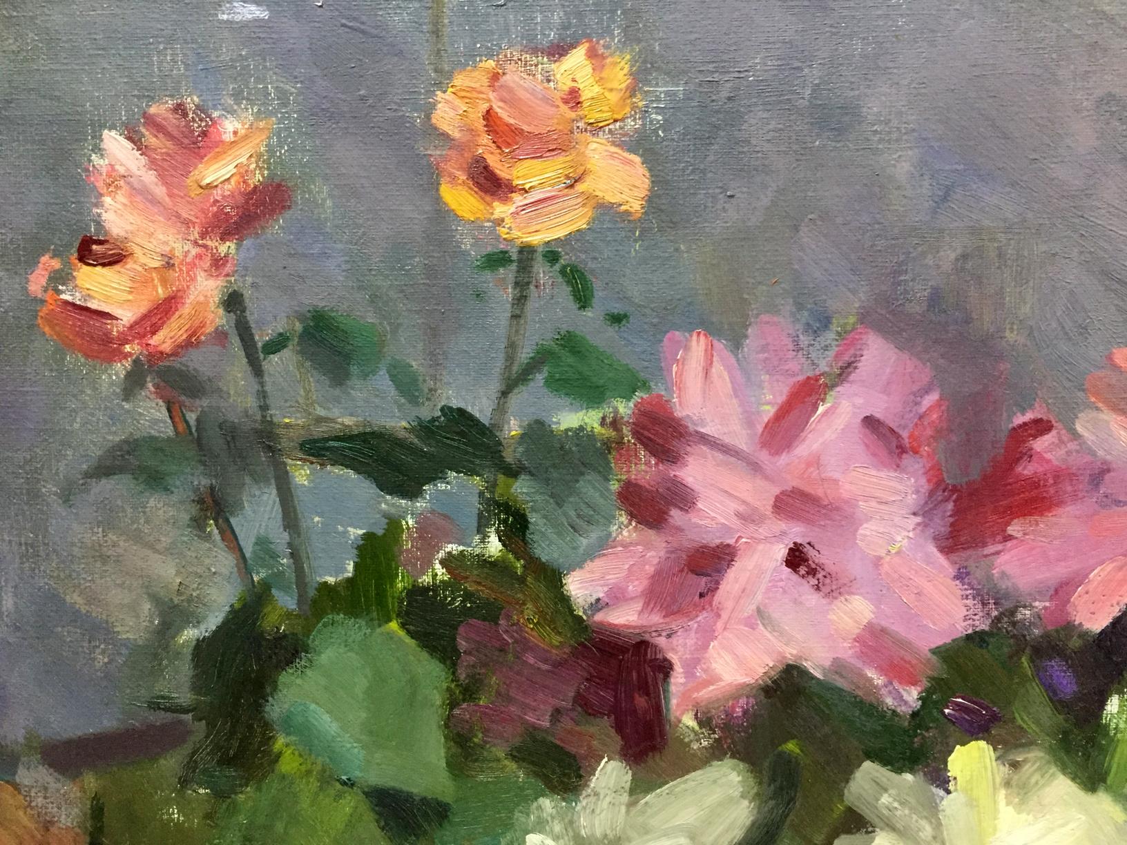 Vibrant oil painting of pink peach yellow roses by Kryzhanivskyi Viktor Vladimirovich