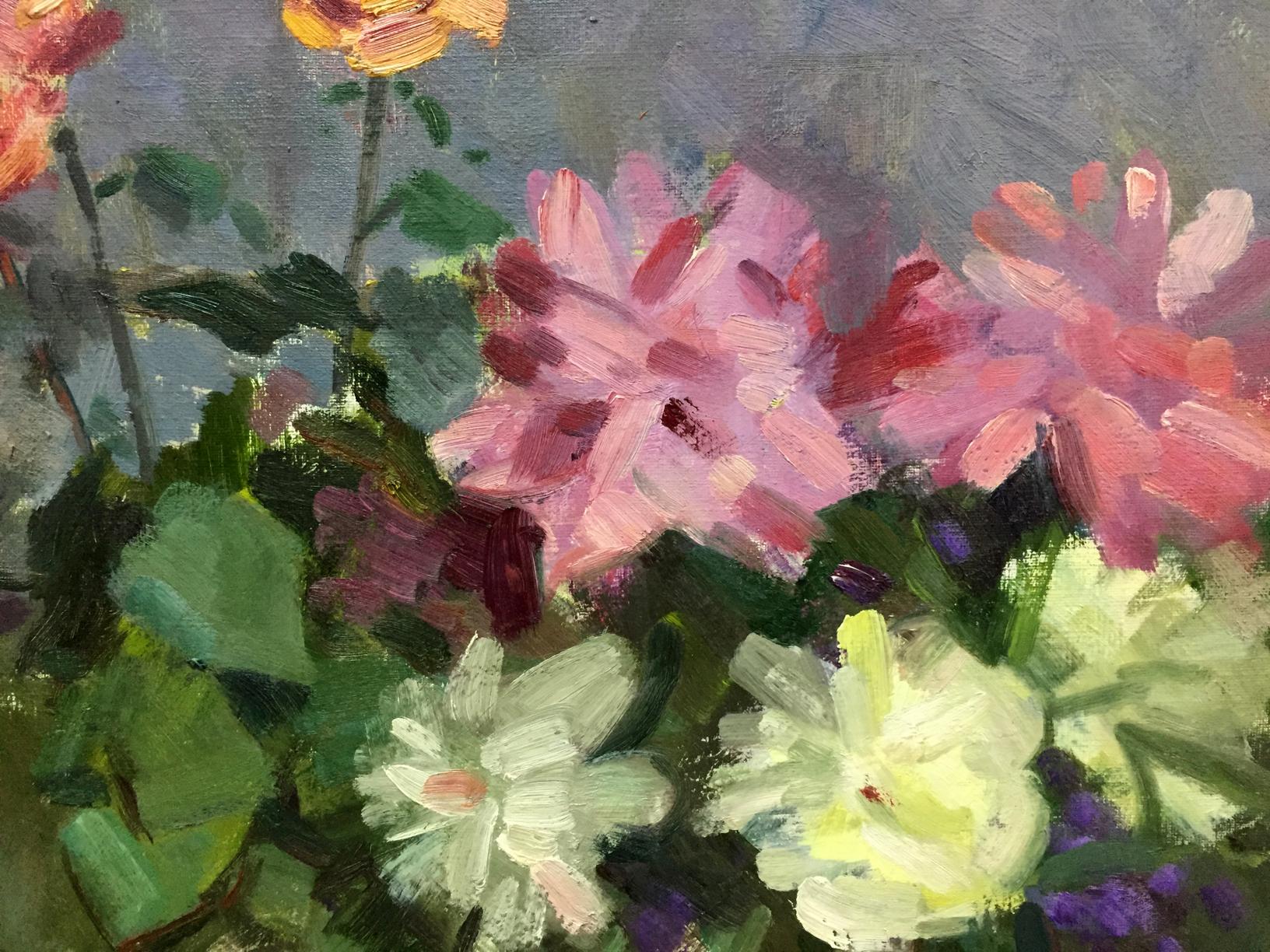 Vibrant oil painting of pink white flowers by Kryzhanivskyi Viktor Vladimirovich
