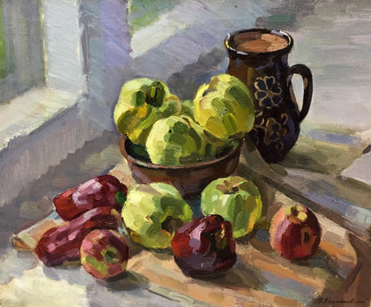 Oil painting of dark brown floral mug with green apples and red peppers by Kryzhanivskyi Viktor Vladimirovich