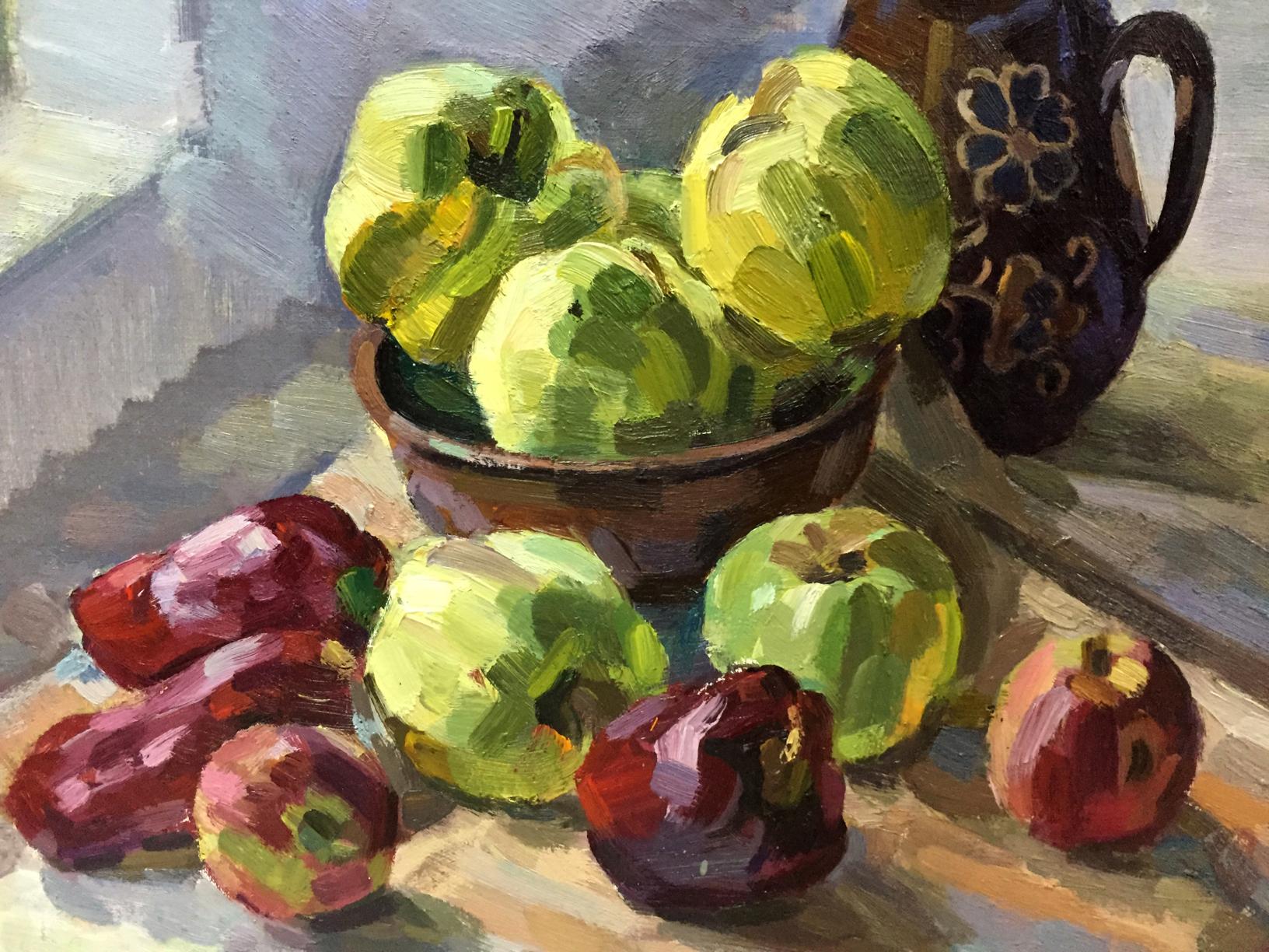 Oil painting of rustic bowl with vibrant green apples by Kryzhanivskyi Viktor Vladimirovich