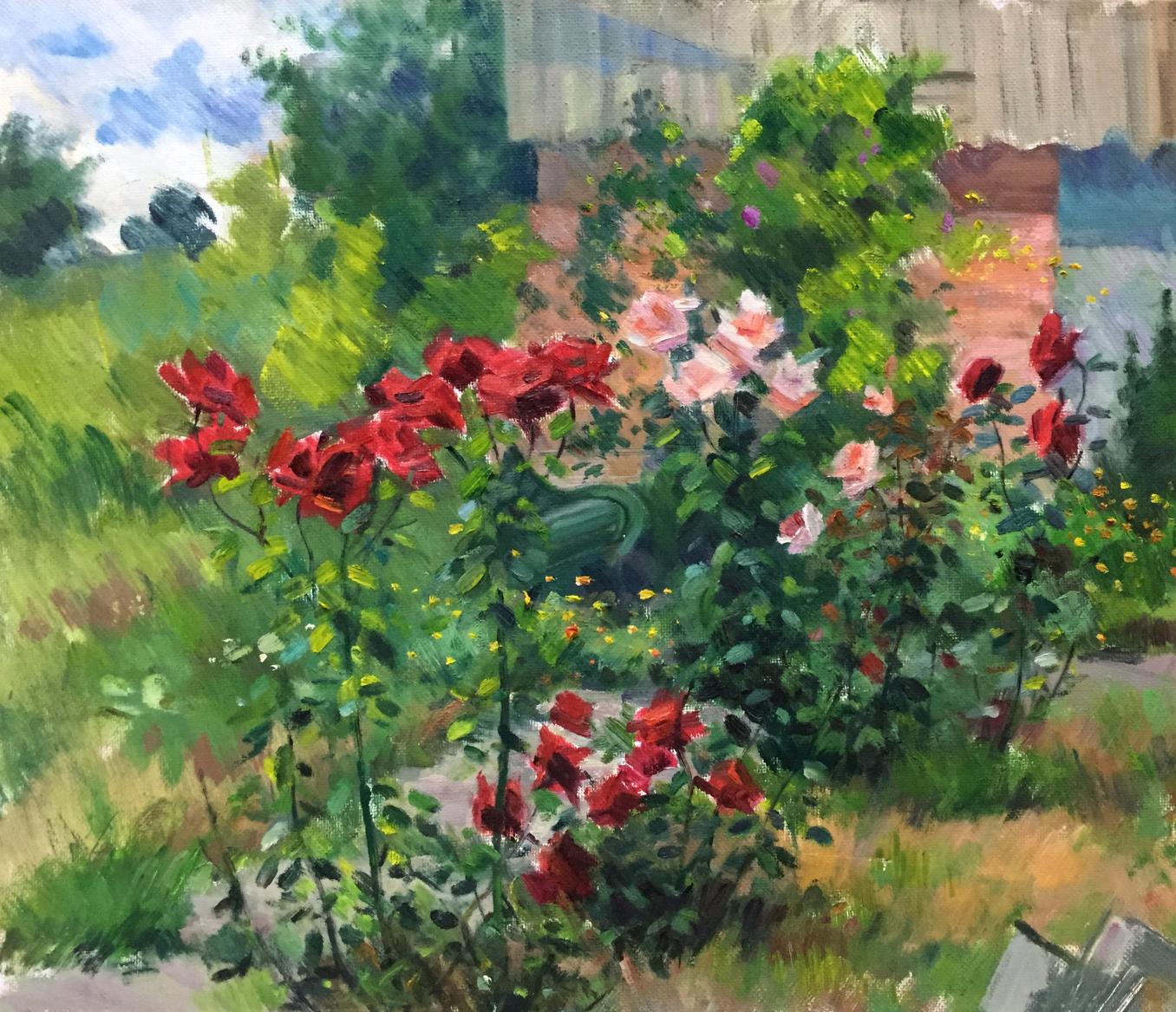 Oil painting In the Garden by Kryzhanivskyi Viktor Vladimirovich with roses