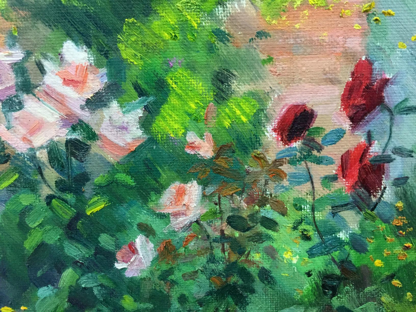Vibrant impressionist oil painting of pink red roses in green foliage by Kryzhanivskyi