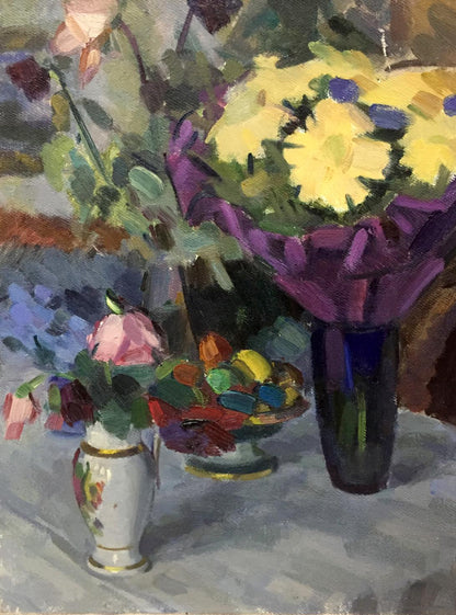 Oil painting of yellow purple flowers in blue vase by Viktor Kryzhanivskyi