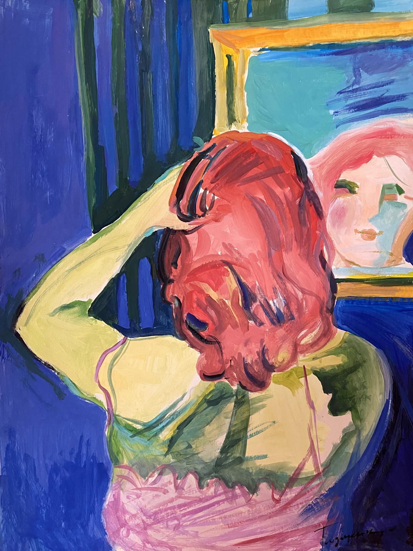 Back view oil painting by Glushchenko Nikolai Petrovich: red-haired woman in green pink dress adjusting hair