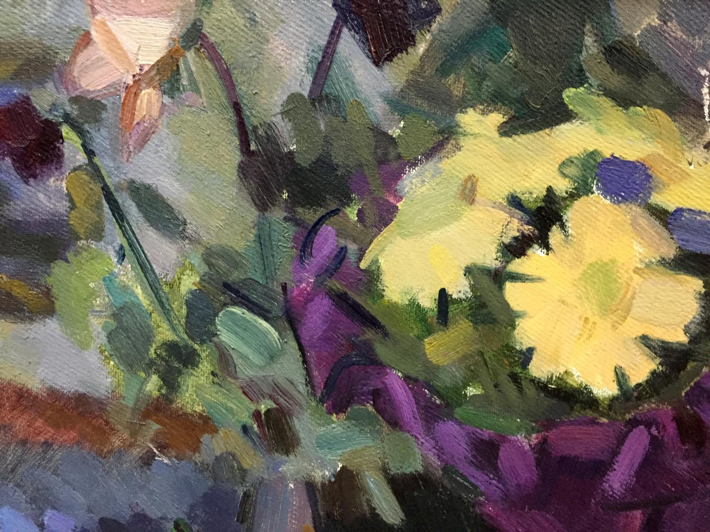 Oil painting of vibrant yellow flower with purple accents by Viktor Kryzhanivskyi