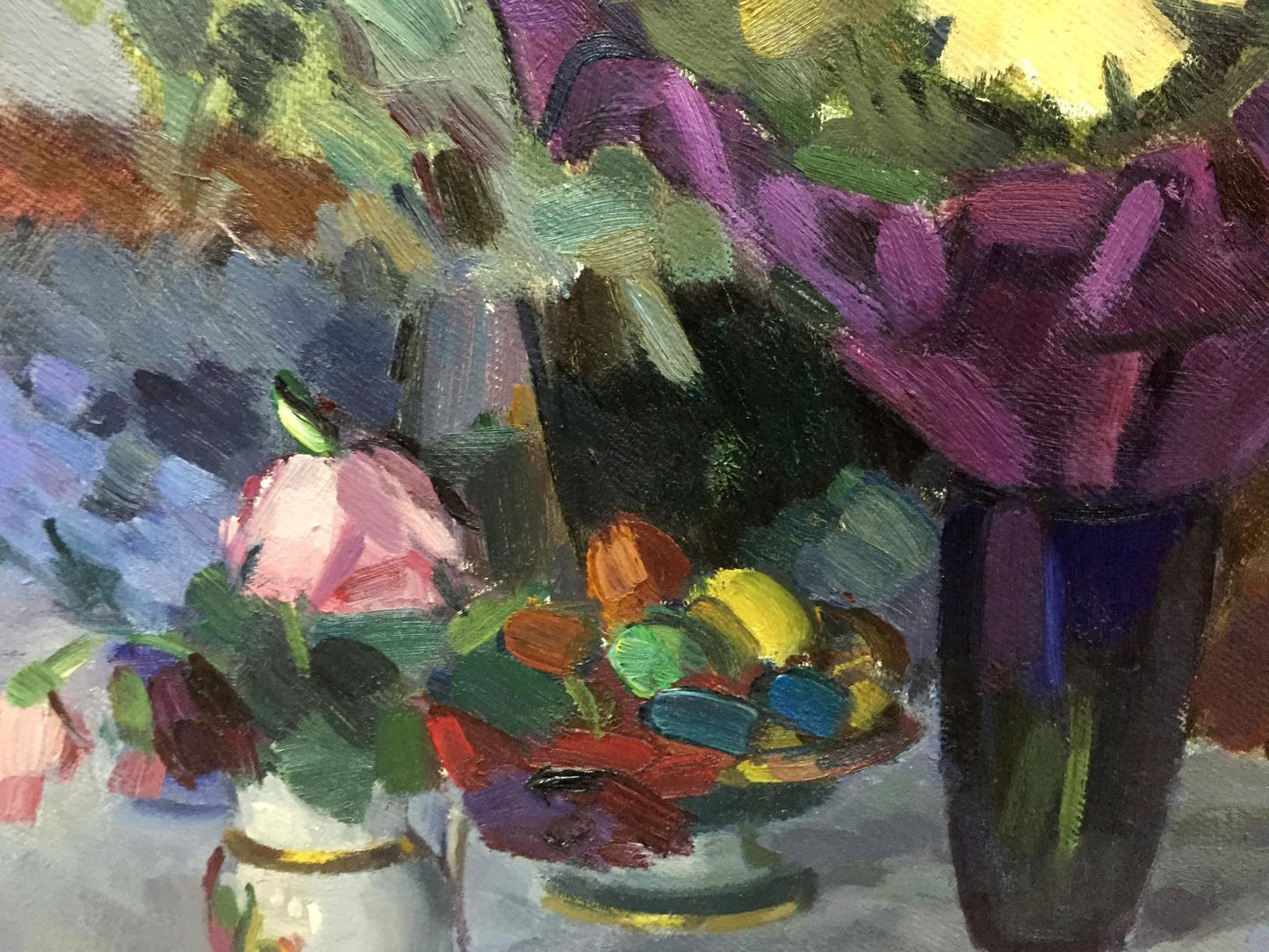 Oil painting by Viktor Kryzhanivskyi: purple flowers, pink rose, fruit bowl