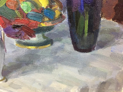 Oil painting study with still life Viktor Kryzhanivskyi dark tall glass vase