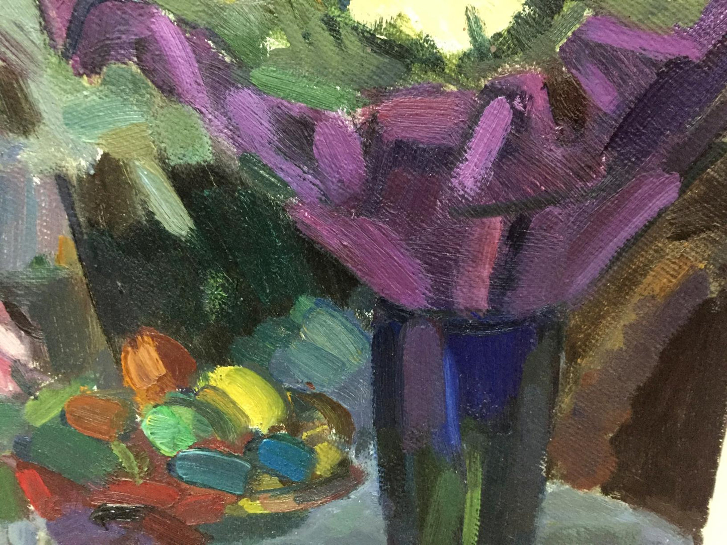 Vibrant purple flower arrangement in dark blue vase oil painting by Viktor Kryzhanivskyi