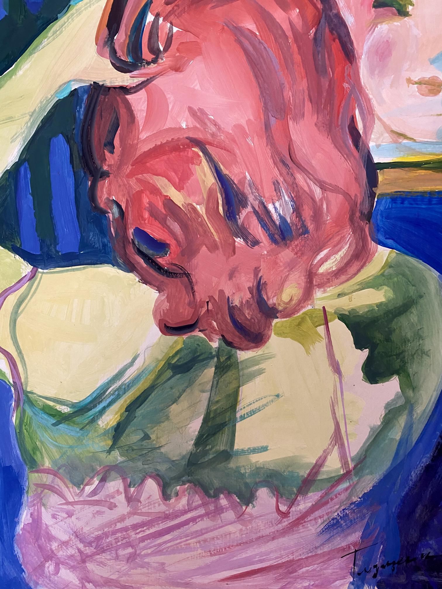 Vibrant abstract oil painting by Glushchenko Nikolai Petrovich with pink blue green brushstrokes