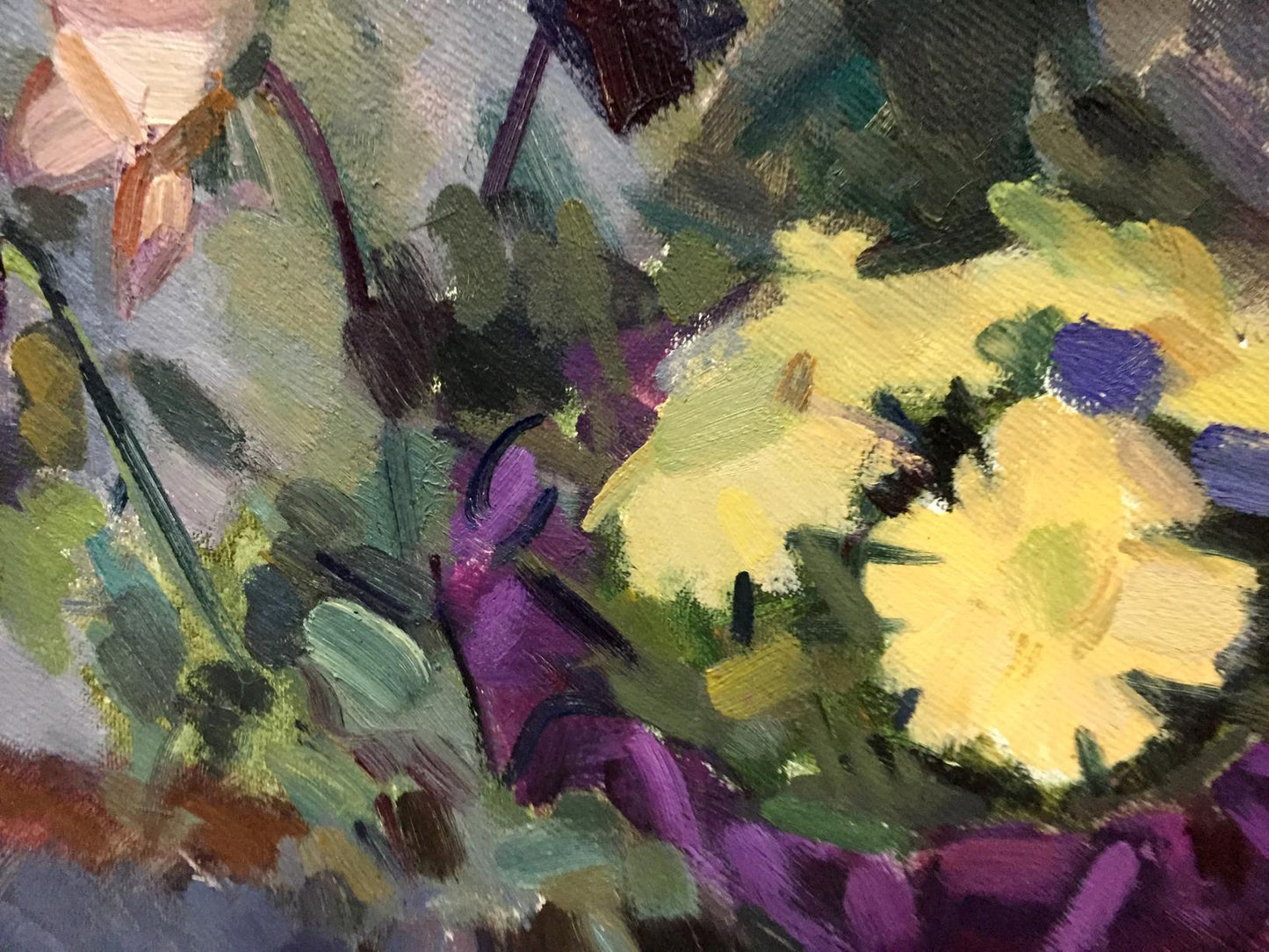 Vibrant yellow purple flowers oil painting by Viktor Kryzhanivskyi