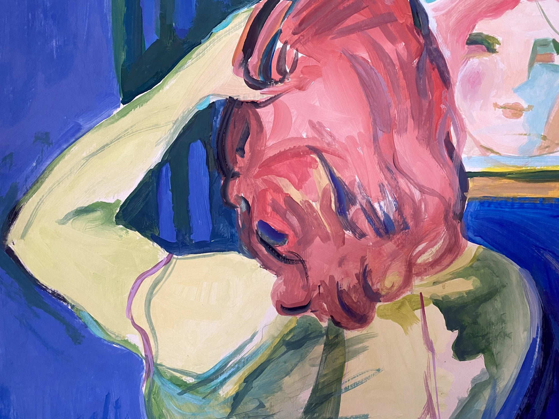 Vibrant expressionistic oil painting by Glushchenko Nikolai Petrovich of pink-haired woman by the mirror