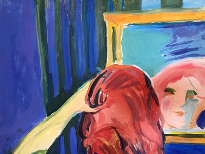 Oil painting By the Mirror by Glushchenko Nikolai Petrovich, vibrant red-haired figure in yellow-framed mirror on blue walls