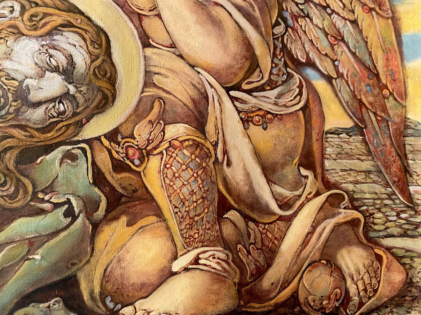 Oil painting of winged angel in golden armor by Litvinov Oleg Arkad’yevich