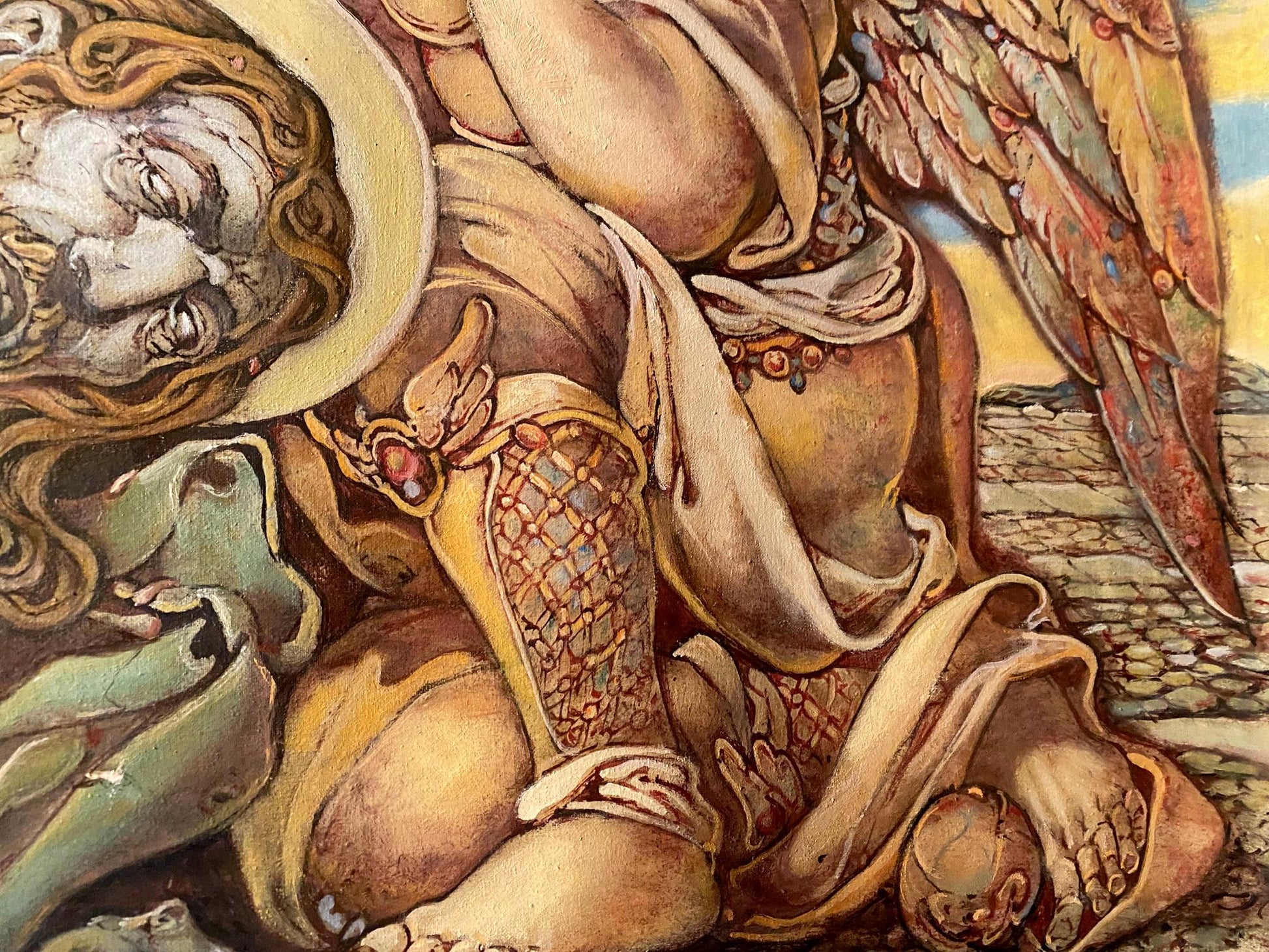 Oil painting of winged angel in golden armor by Litvinov Oleg Arkad’yevich