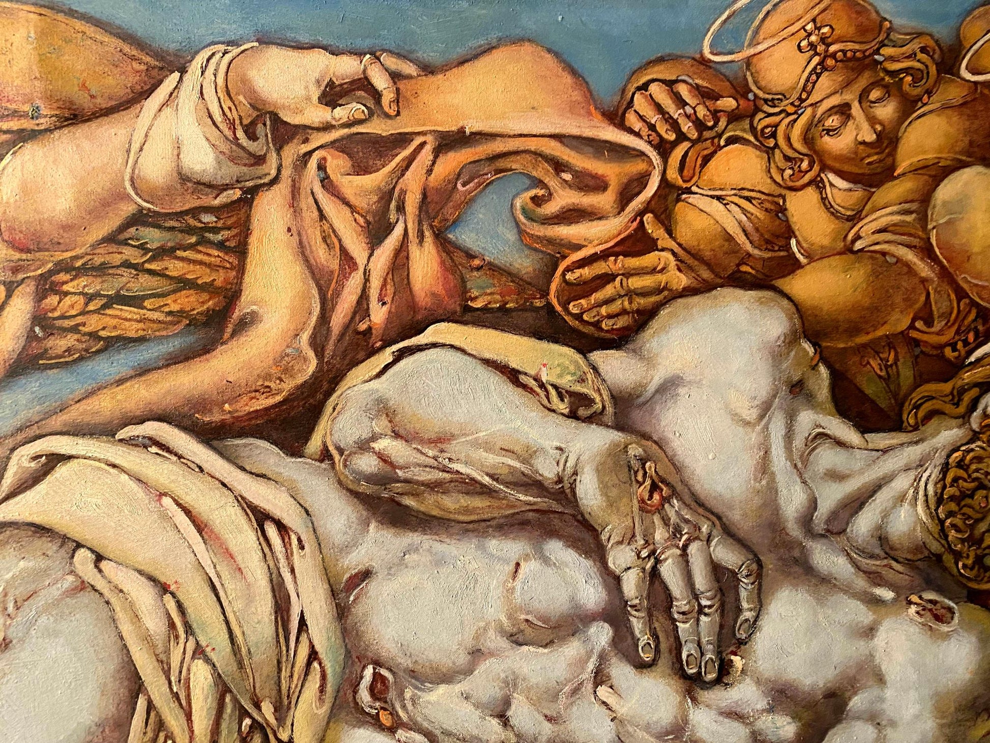Surreal oil painting by Litvinov Oleg Arkad’yevich: golden angelic figure with skeletal hands