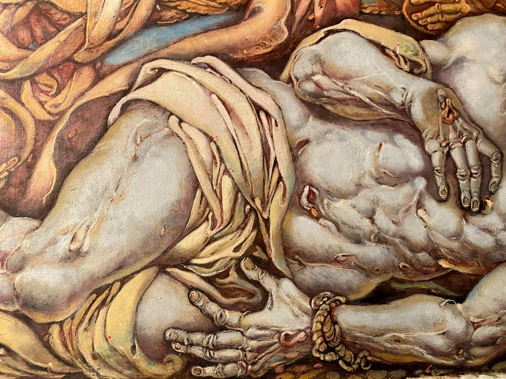 Oil painting Passion of Christ by Litvinov Oleg Arkad’yevich, muscular pale figure with skeletal hands feet in cloth