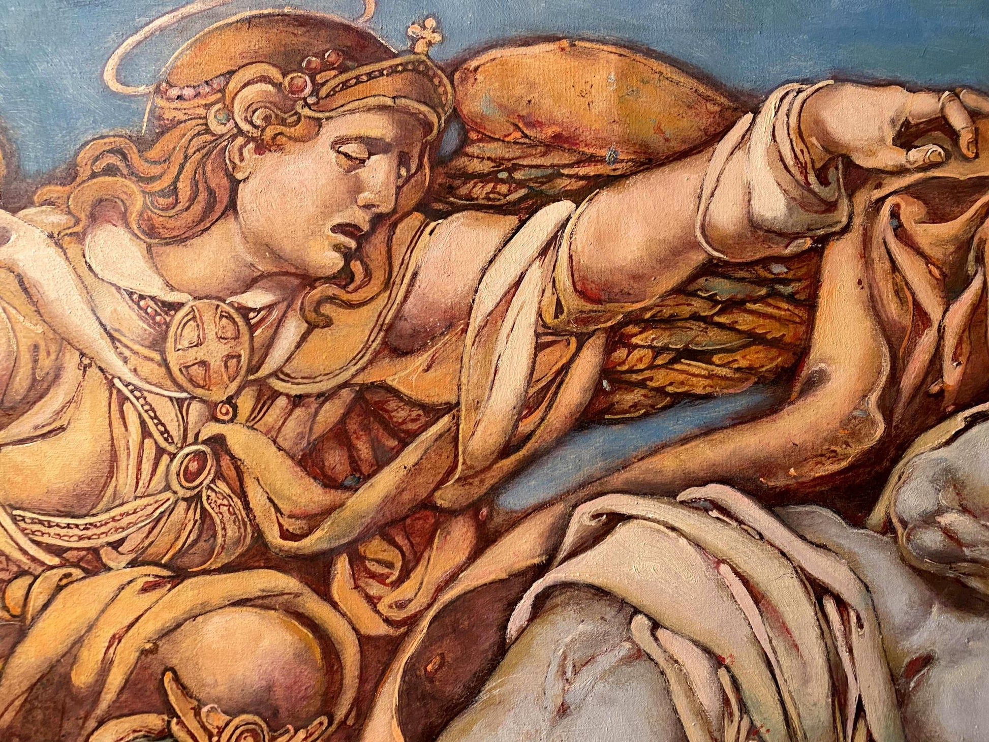 Oil painting Passion of Christ by Litvinov Oleg Arkad’yevich, winged angel in gold tones